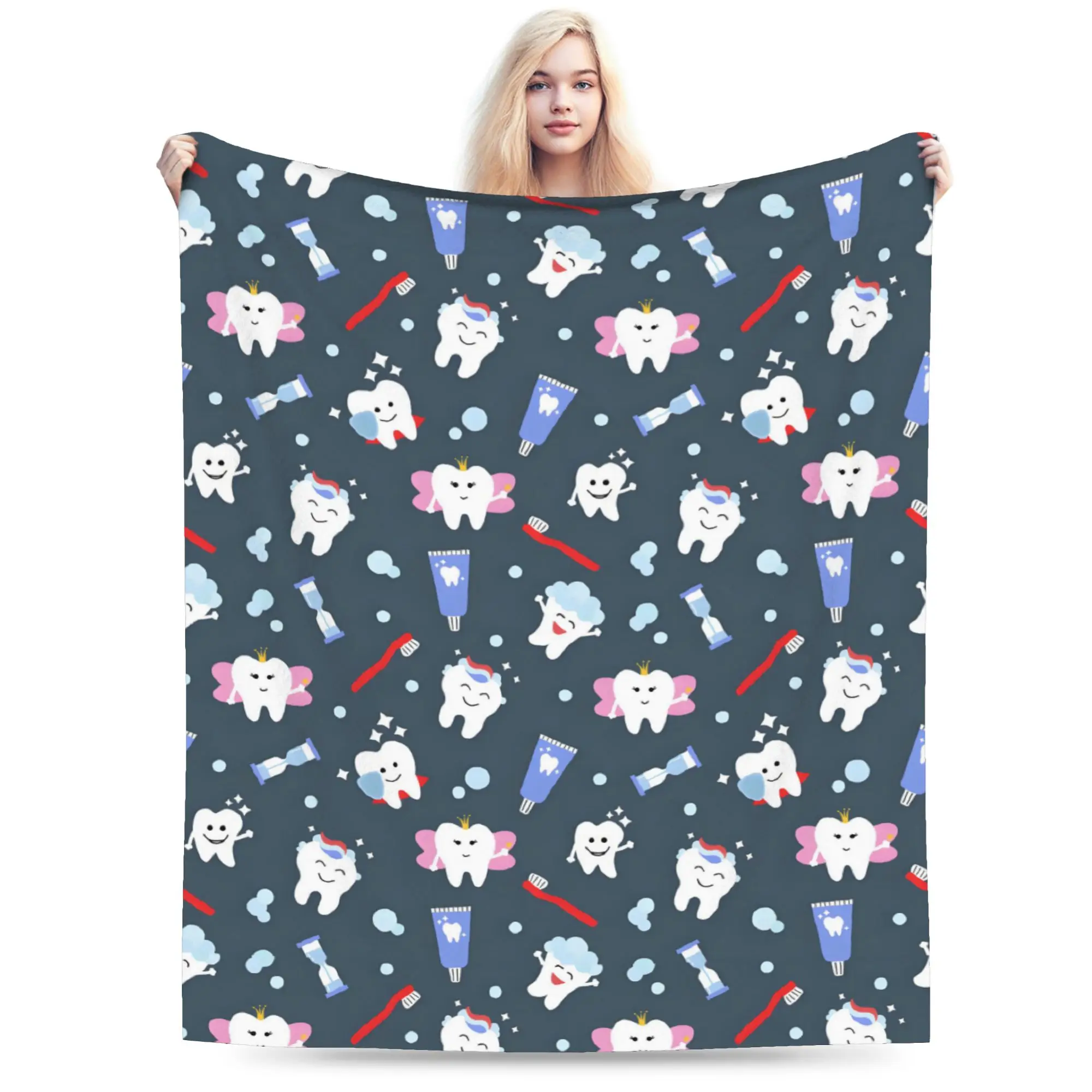 Custom Ultra-Soft Fleece Healthy Teeth Pattern Throw Blanket Warm Flannel Care Dental Health Blankets for Bedroom Car Sofa Quilt