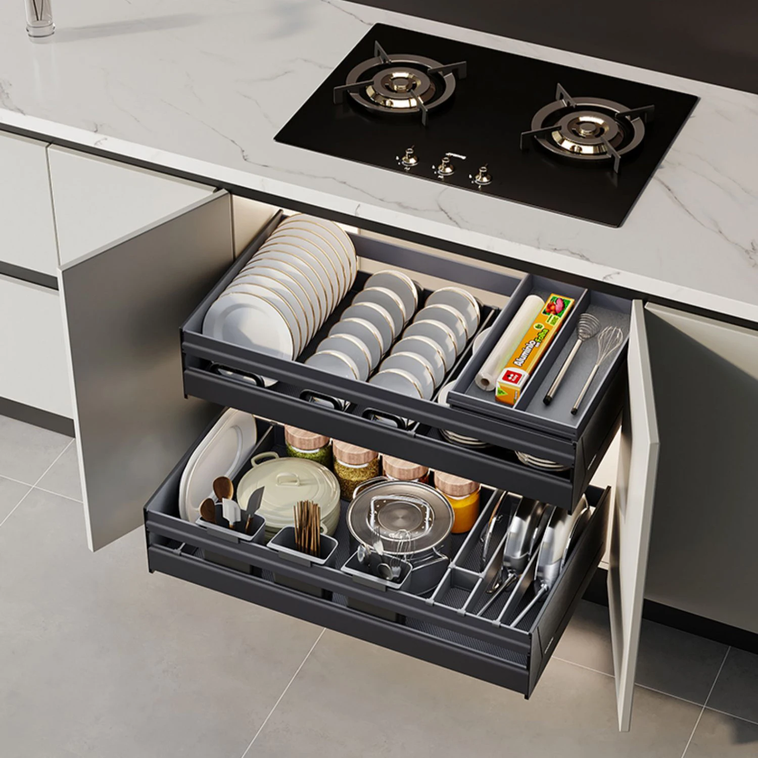 Smart Kitchen Drawer Organizer Cabinet Push Pull Dishes Storage Basket Multifunctional Knife Dish Storage Rack