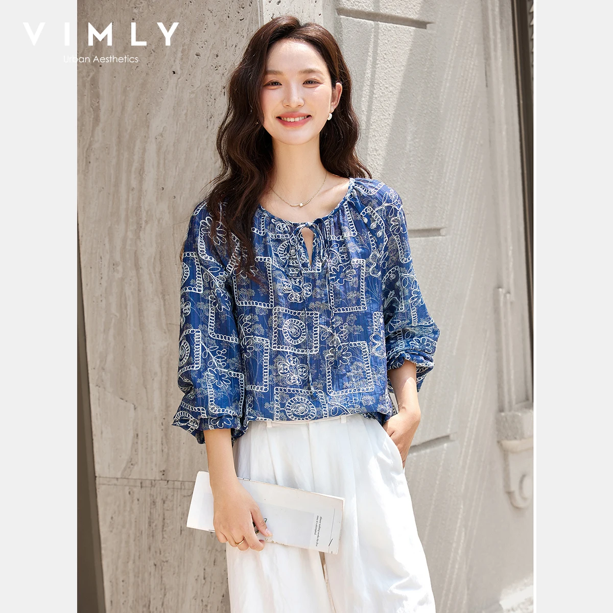 

VIMLY Women Long Sleeve Navy Blue Blouse 2025 New Autumn Indie Folk Style Female Shirts Crew Neck Chiffion Ladies Blouse A2827