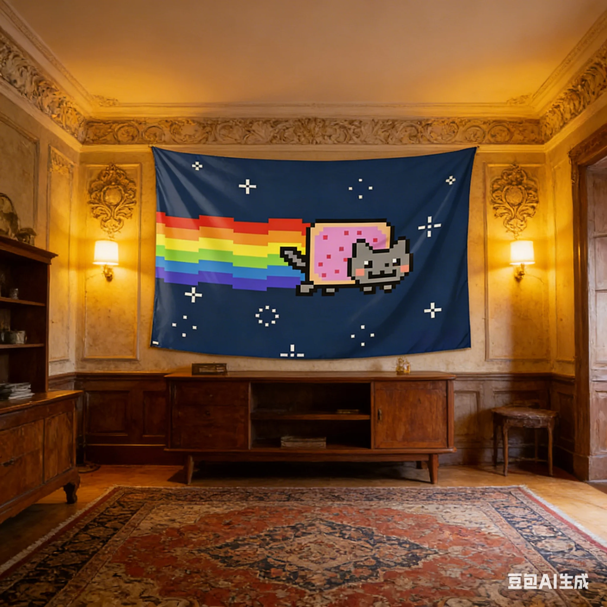 Nyan Cat Pixel Tapestry Multiple Sizes 2D Flat Print Retro 8 Bit Rainbow Cat Polyester Living Room Wall Decor Cute Nostalgia