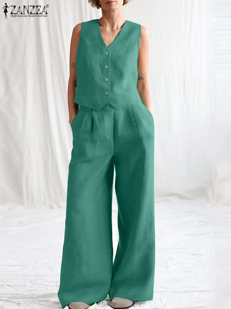 Fashion Women OL Work Pant Sets ZANZEA 2pcs Summer Blouse & Wide Leg Trousers Suits Office Solid Matching Sets Casual Outfits