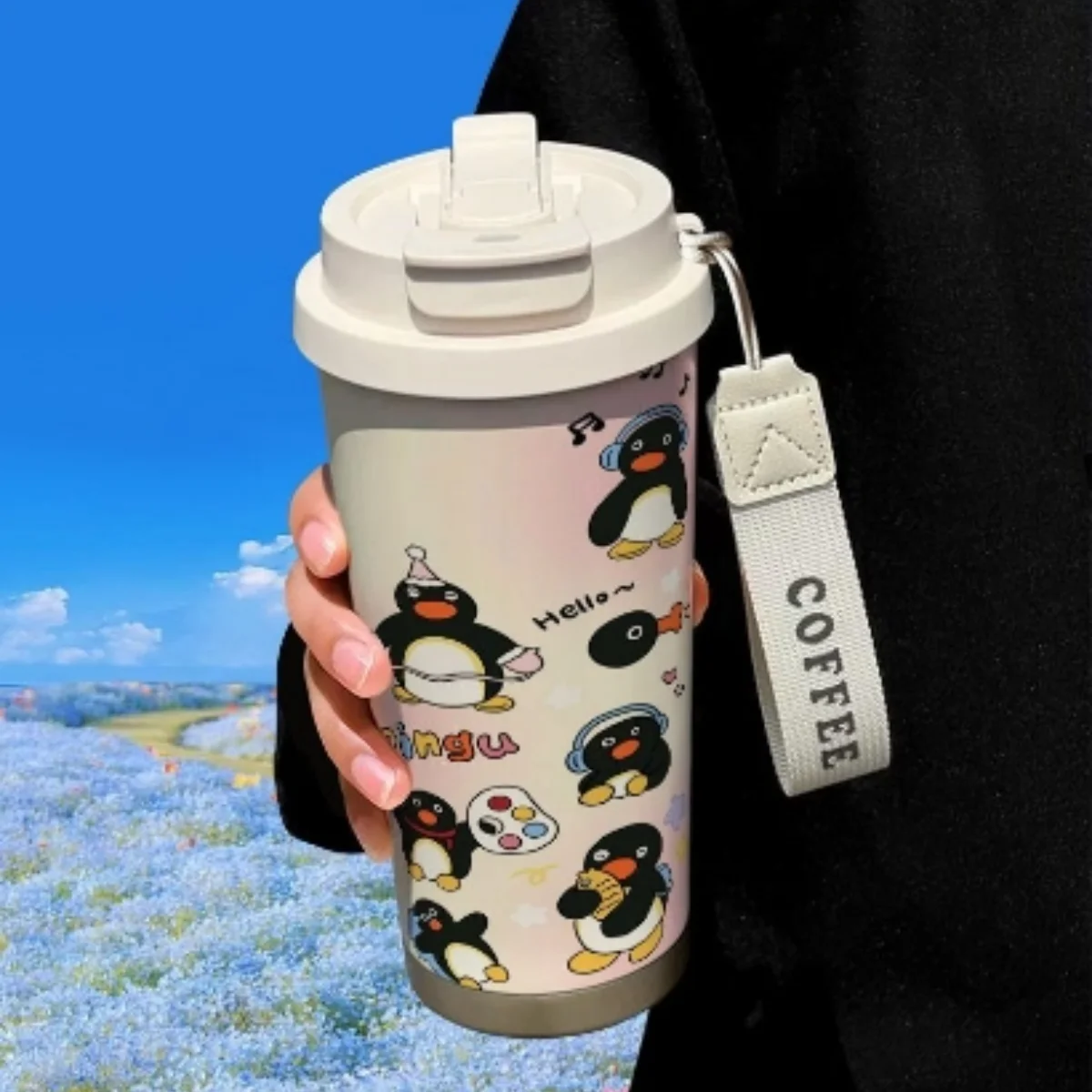 أنيمي Pingu كوب قارورة عازلة الكرتون لطيف فنجان القهوة سعة كبيرة مياه الفولاذ المقاوم للصدأ كوب المحمولة كوب ماء القش هدايا الطلاب #5