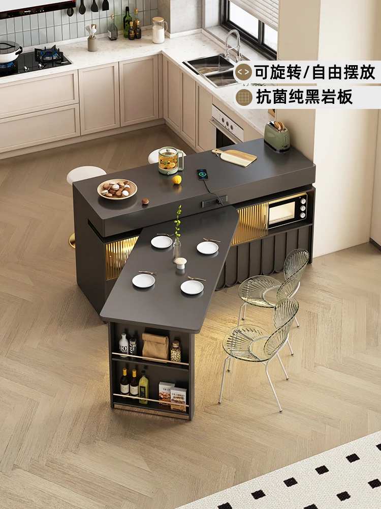 

Black rock island table, dining table, integrated high-end household, expandable small unit, rotating bar table, kitchen guide