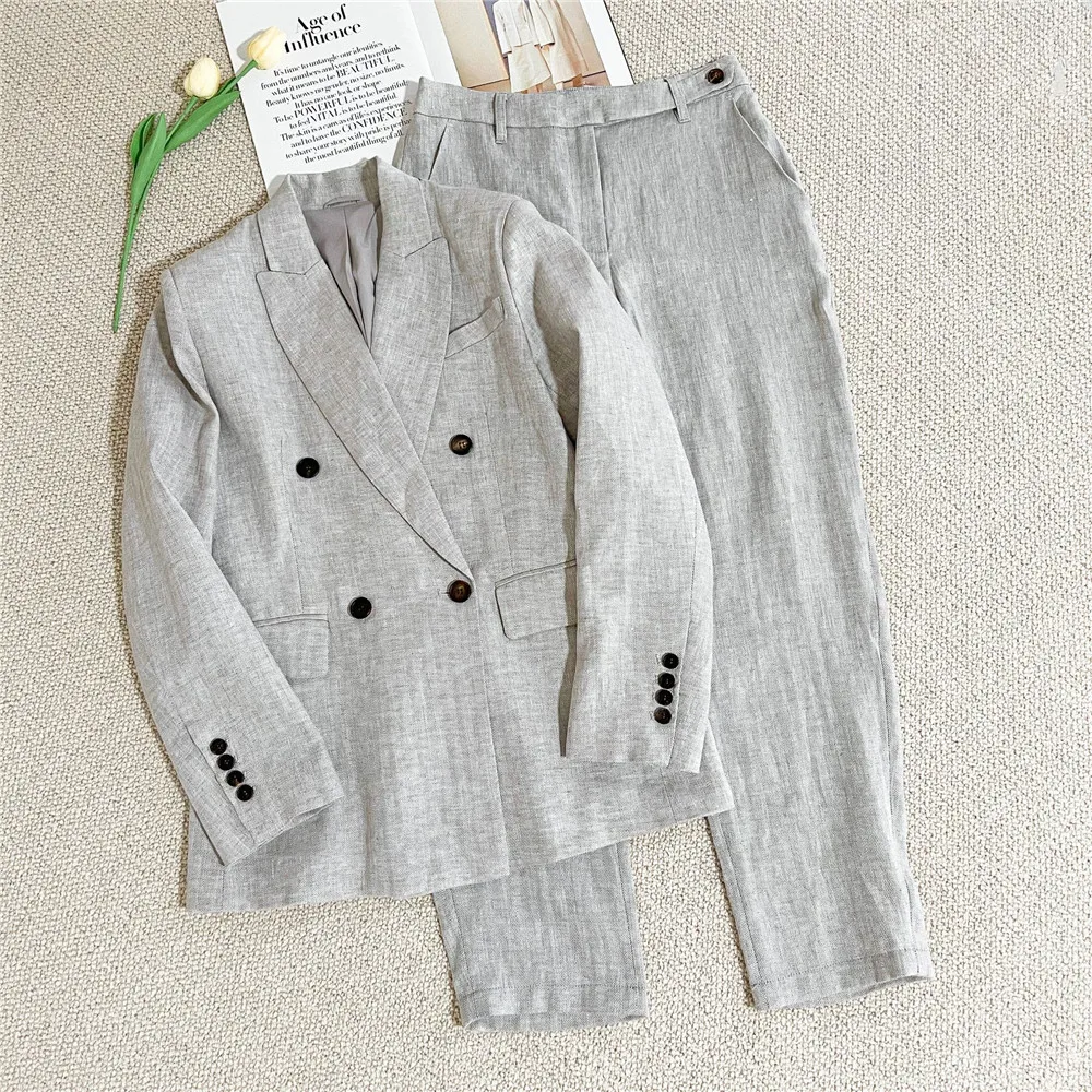 เสื้อผ้าผู้หญิง ฤดูใบไม้ร่วง/ฤดูหนาว 25 รุ่นใหม่ สไตล์หรูหราเบาๆ ผ้าลินินแท้ ลายก้างปลา ชุดสูท+เสื้อกั๊ก+กางเกงขายาวทรงตรงลำลอง ชุดสามชิ้น