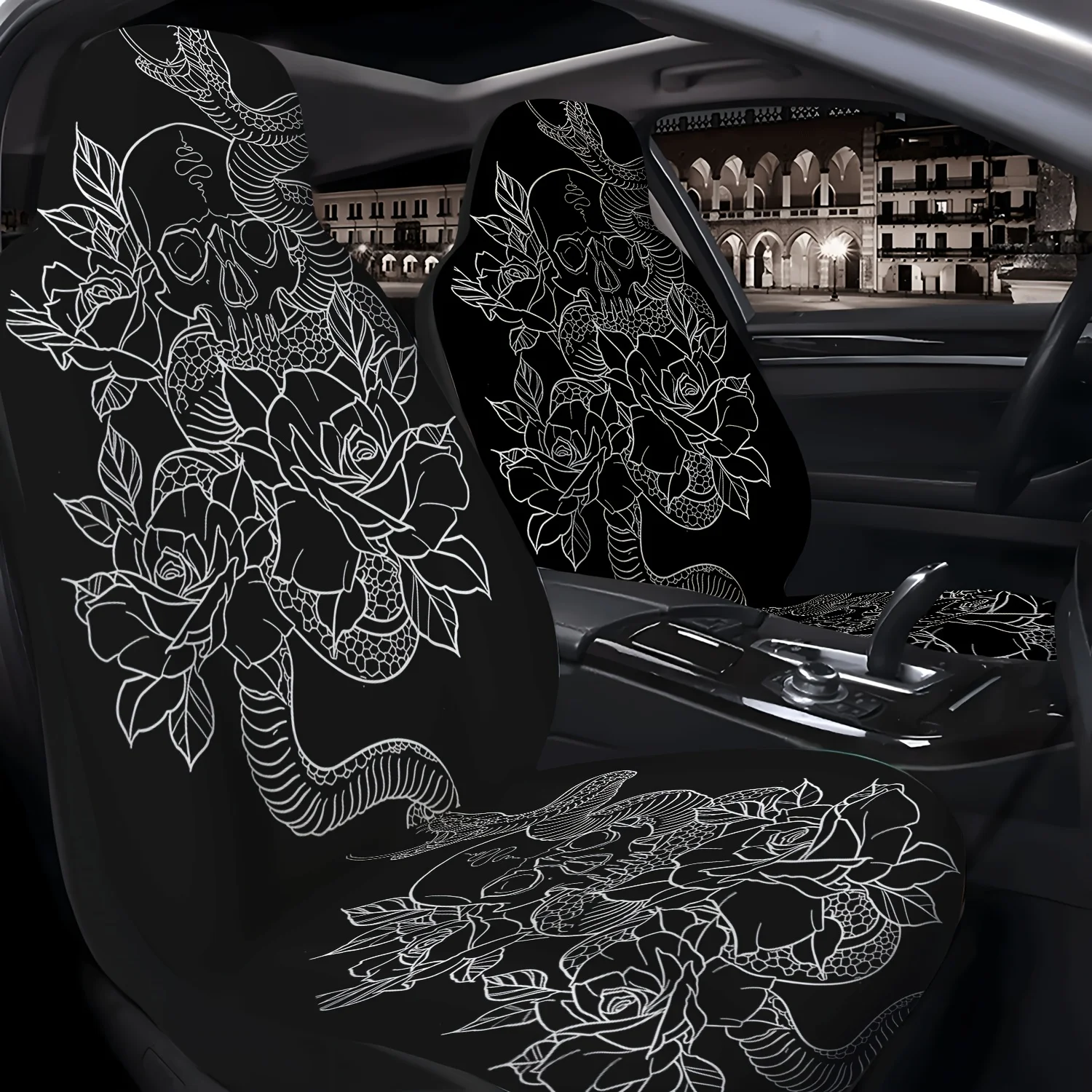 2pcs Skull Rose Snake Pattern Car Seat Covers, Suitable For Front Seats, Easy To Install And Clean, Fits Cars, SUVs, Trucks, And