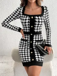 New Square Collar Long Sleeve Jacquard Plaid Stretch Tight Skintight Bandage Group Temperament Senior Sense Dress