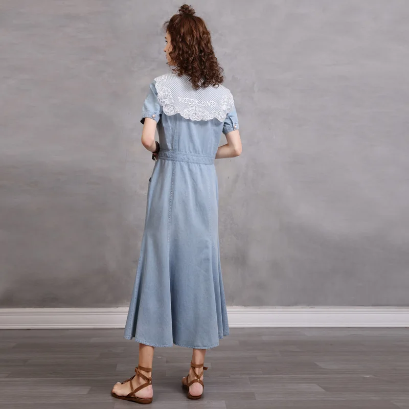 #2781Summer Light Blue Denim Dress Women Short Sleeve Single Breasted Shirt Dress Ladies Vintage Mermaid Dress Female Embroidery