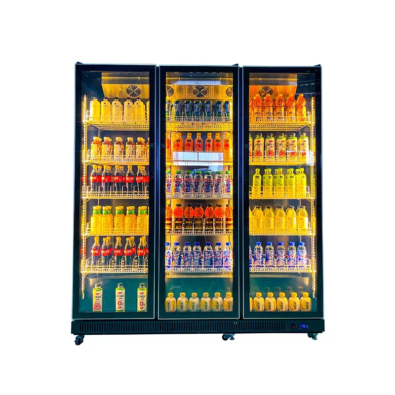 

Commercial Supermarket three doors upright refrigerator with wheels convenience store refrigeration cabinet beer display