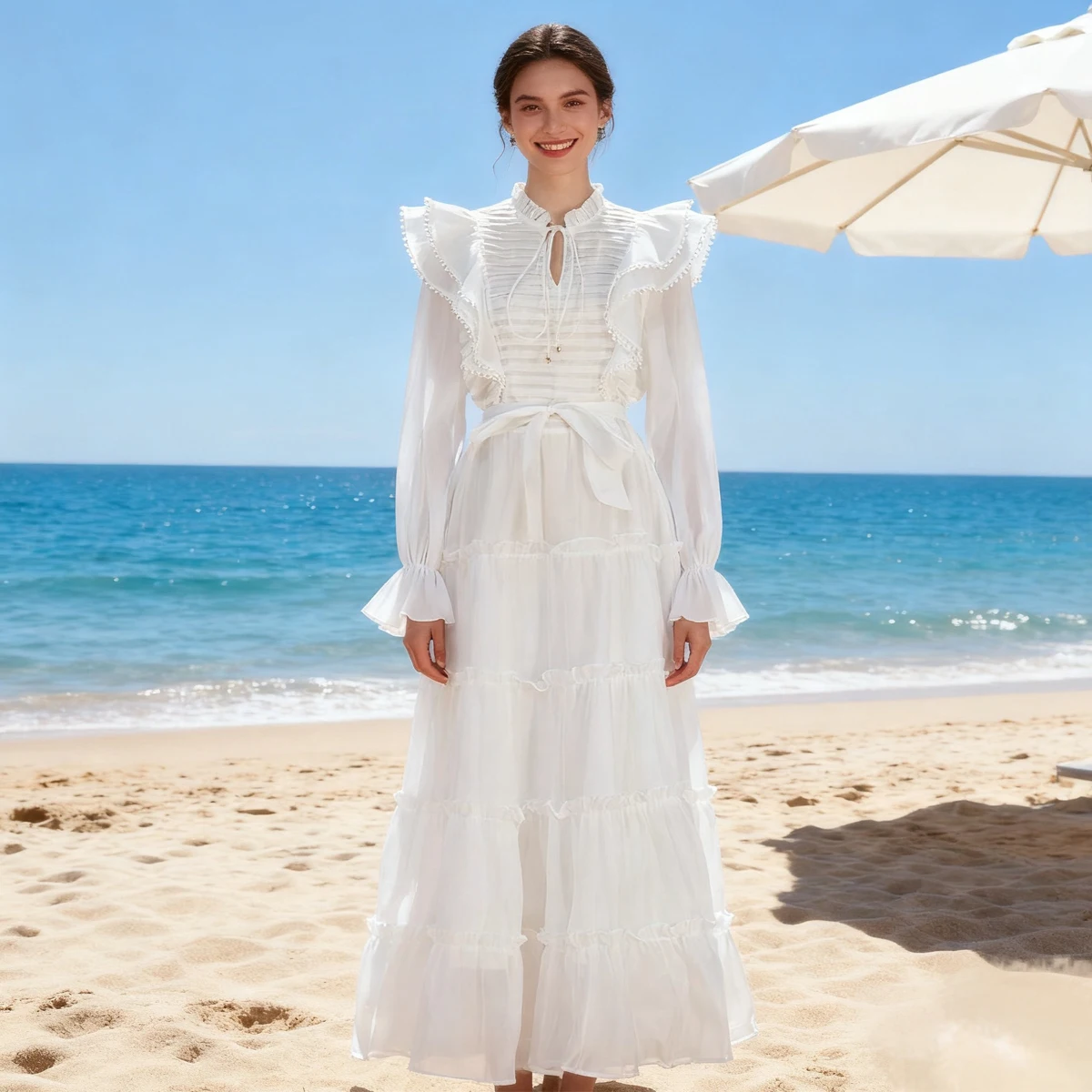 Ele Lange Chiffon Plissee Design Spleißen Spitze Dr. Sechs Farben Damen Faion Frühling Herbst Winter Lange Sve Ball...