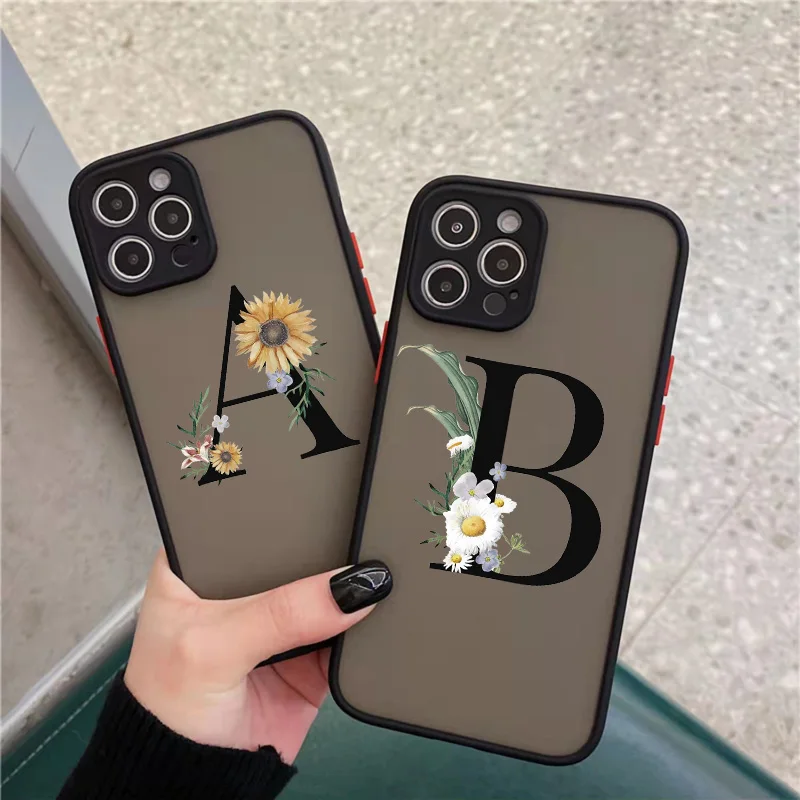 Flower 26 Name Letters A-Z Phone Case For iPhone X XS XR For iphone 14 7 8 plus 13 12 11 15 16 Pro MAX Mini SE2 hard Cases Cover