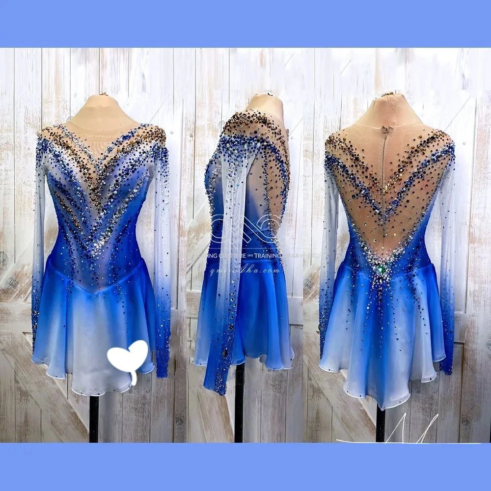 LIUHUO Gorgeous Blue Gradient Girl In Figure Skating Dress Full of Diamonds Competition Performance Training