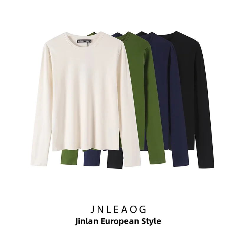 Fashionable Long Sleeve  Color T-Shirt Women's Autumn New Style Simple Pure Color Polyester round Neck Cuff Sleeve Top
