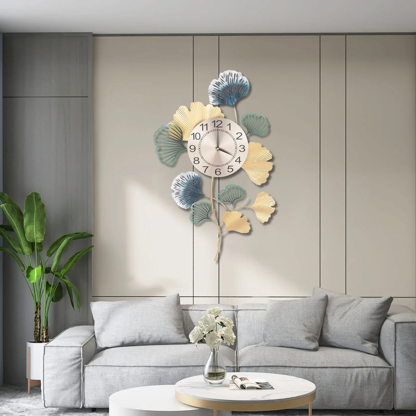 

Ginkgo Large Wall Clock Metal Decorative Living Room Nordic Silent Non-ticking Big Clock Modern Home Decorations for Home Office