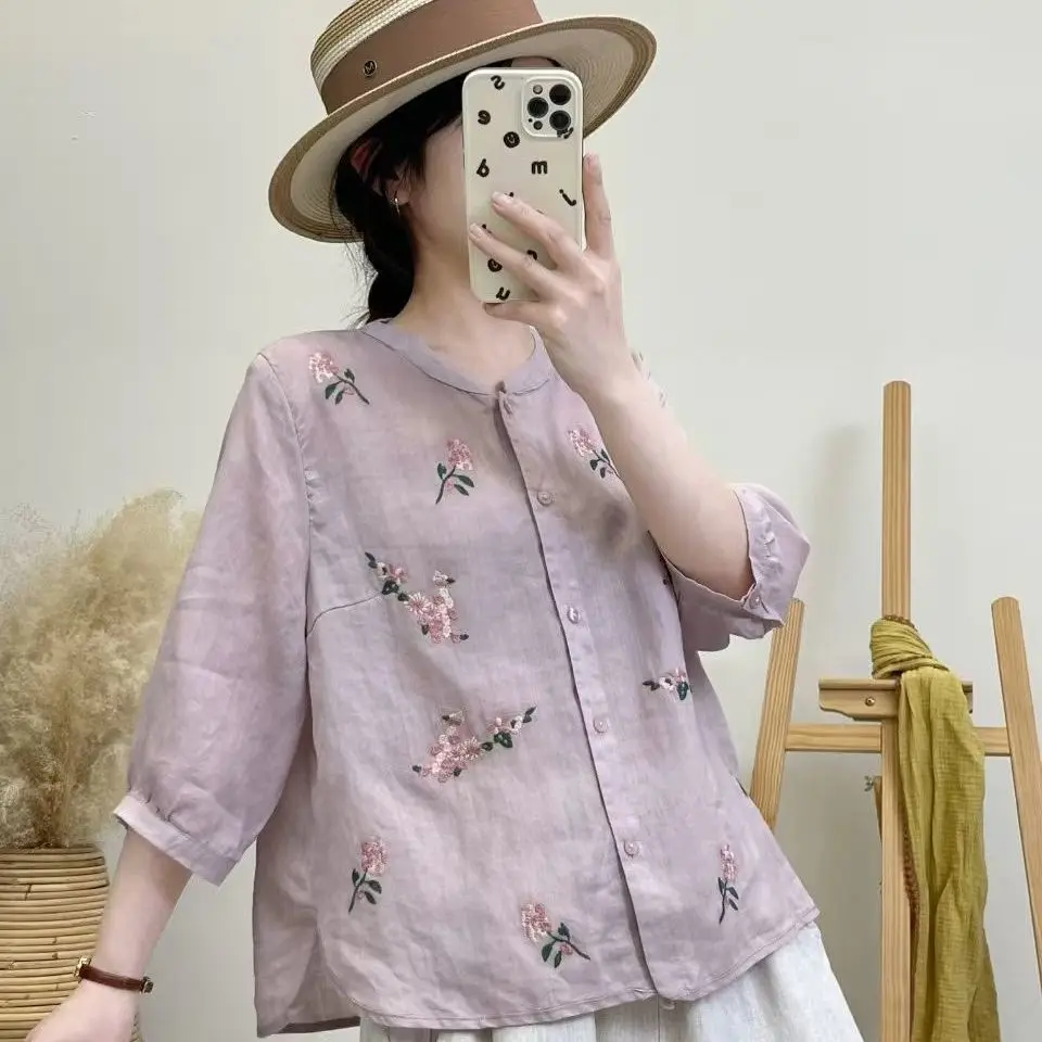 

Summer Casual Korean Fashion Loose Simplicity Elegant Trend Sexy Vintage Buttons Single Breasted Embroidered Short Sleeve O-neck