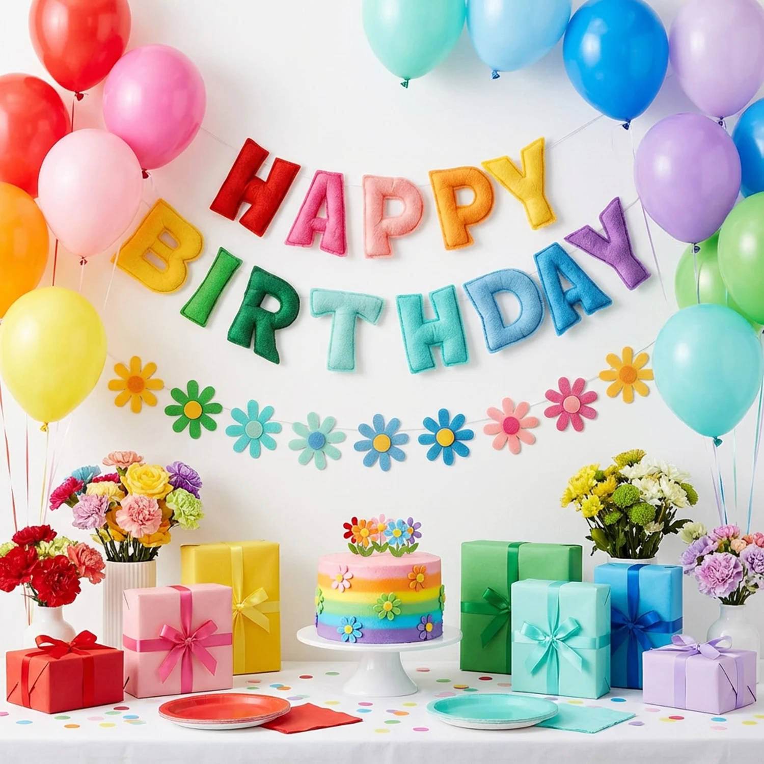 1 Stück Bunte Filz-Gänseblümchen Blumen-Girlande für Geburtstagsfeier-Dekoration, Hängende Girlande für Kinder, Mädchen, Babyparty