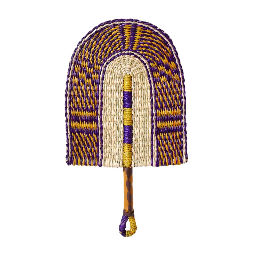 Colorful Striped Patterns Seagrass Woven Fan Vintage Bohemian Hand Braided Fan Anti-Mosquito Portable Cattail Fan Outdoor