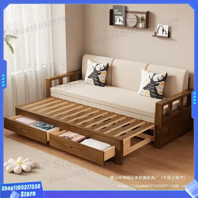 Solid Wood Sofa Bed Foldable Push Pull Dual Purpose Chinese Arhat Bed Retractable Small Apartment Living Room Storage Log