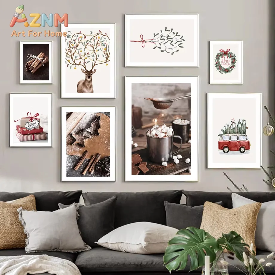 1PC Christmas Snow Ball Deer Gingerbread Chocolate Fan Posters Print Canvas Painting Wall Art for Living Room Modern Home Decor