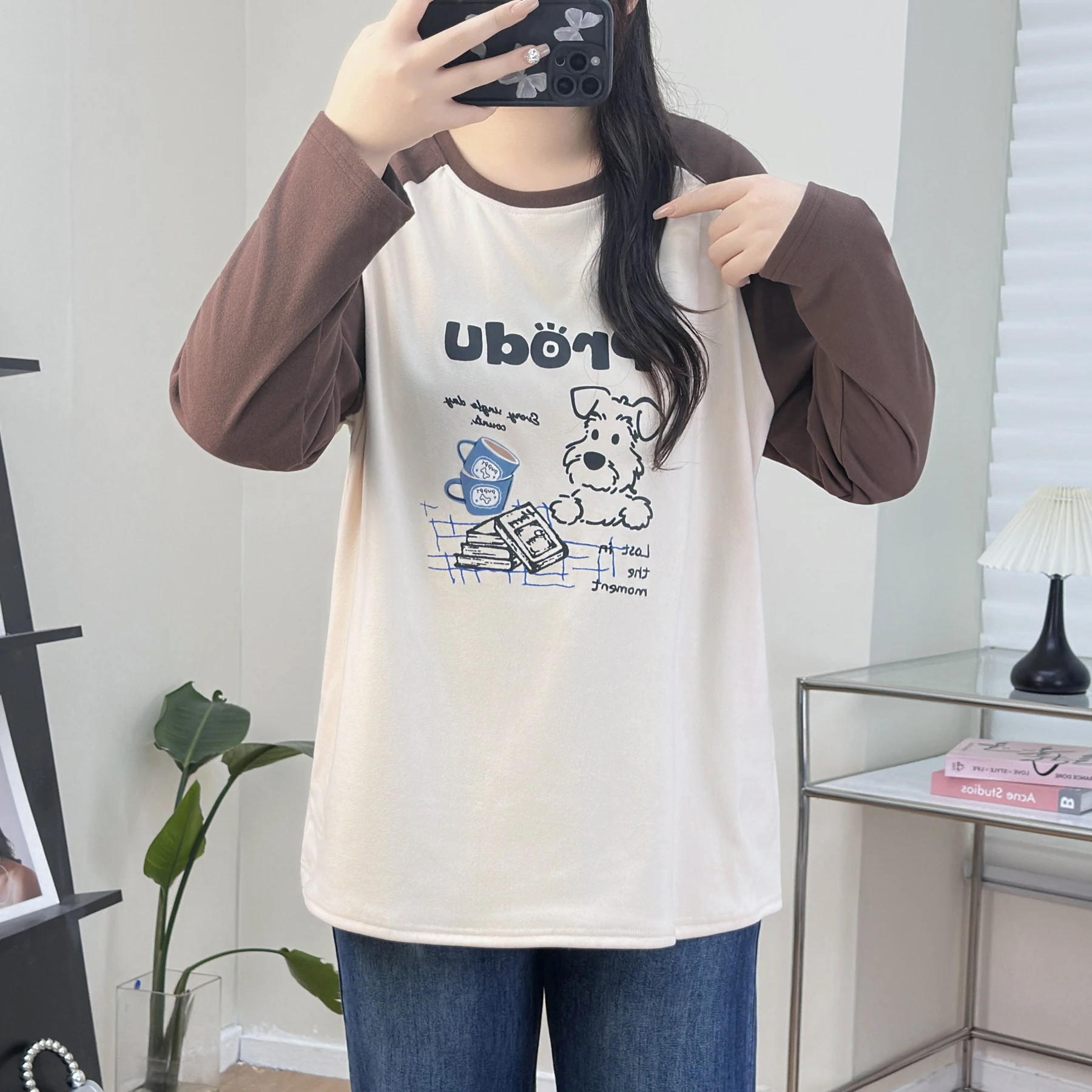 

XXXXL модная женская одежда больших размеров, футболка, новые осенне-зимние бархатные теплые базовые топы средней длины с принтом 6278