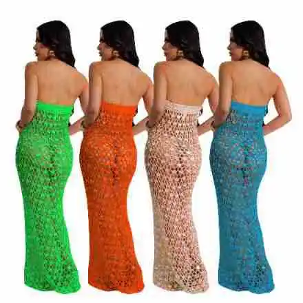 Crochet Knitting Women Cover Ups Solid Sequined Long Maxi Dress 2024 Summer Beach Outfits Sexy Hollow Out Club Party Vestidos