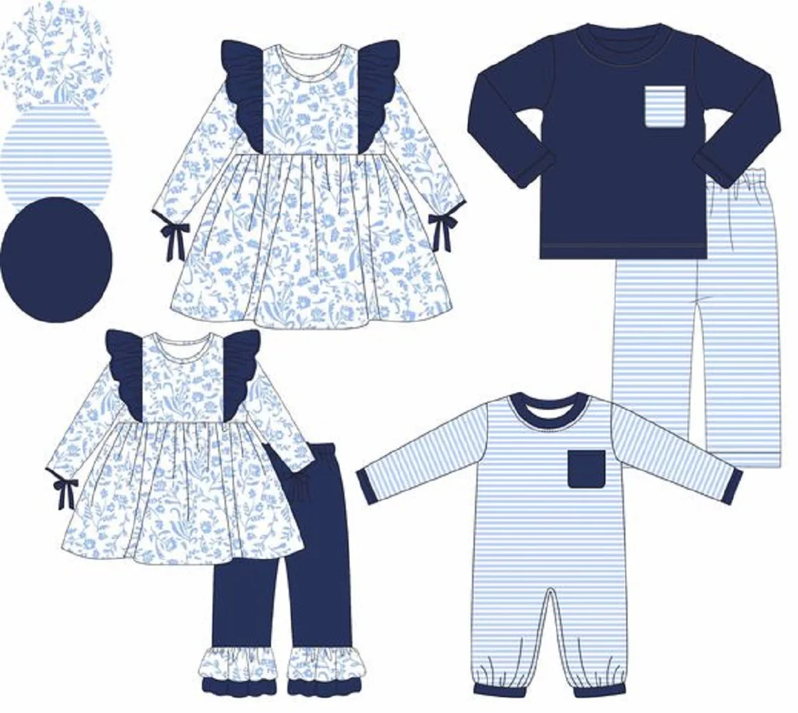 New design of children's wear blue series long sleeve clothing striped pants suit newborn jumpsuit boutique children's wear