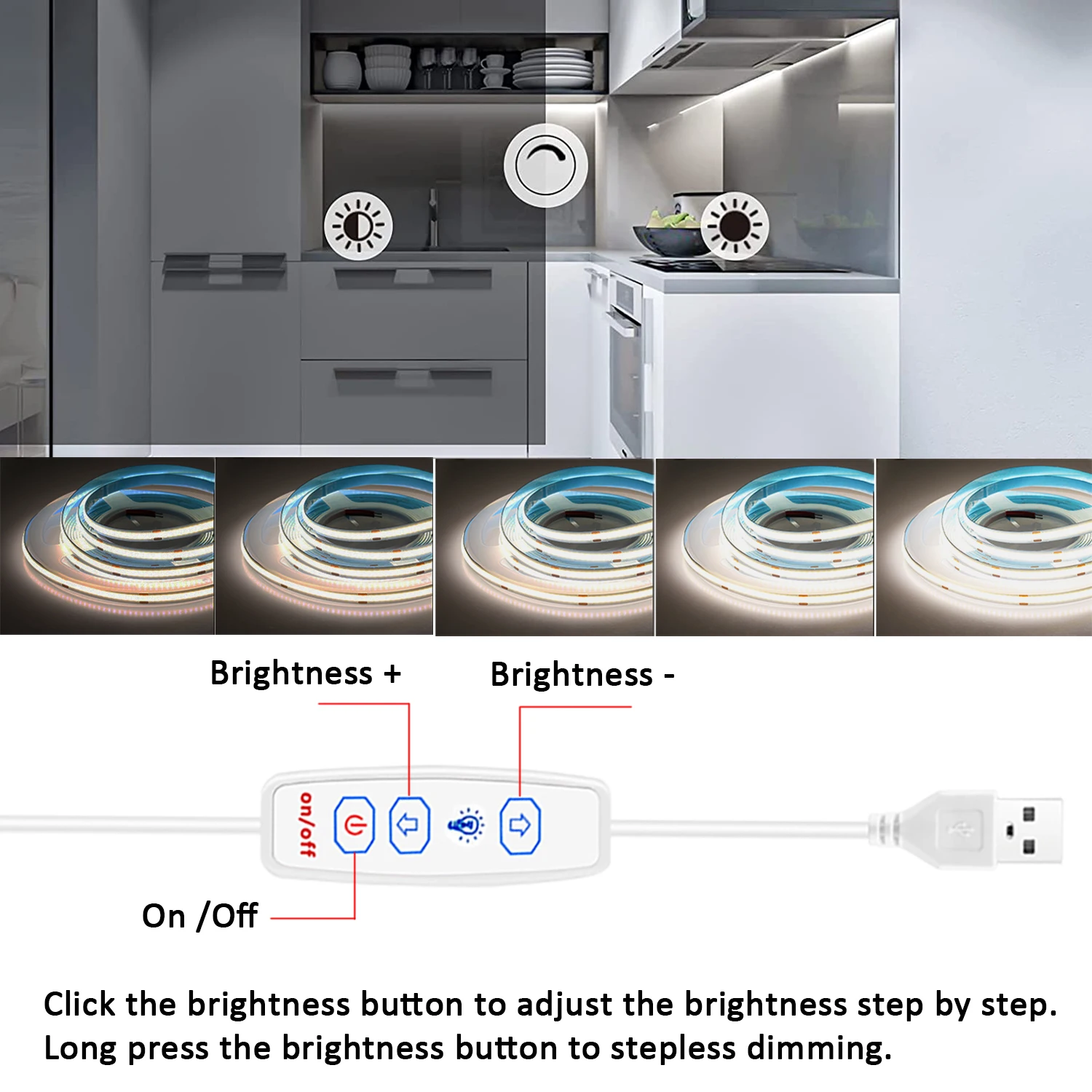 COB Led Strip Lights USB 5V Led Lights with 3 Key Dimmer Switch for Home Cabinet Dressing Table TV Mirror Backlight