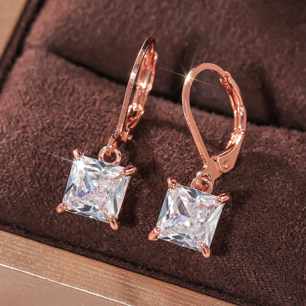 New Luxury Simple Silver Tone Stainless Steel Princess Cut Square 5A Zircon Leverback Dangle Earrings for Women Fashion Jewelry