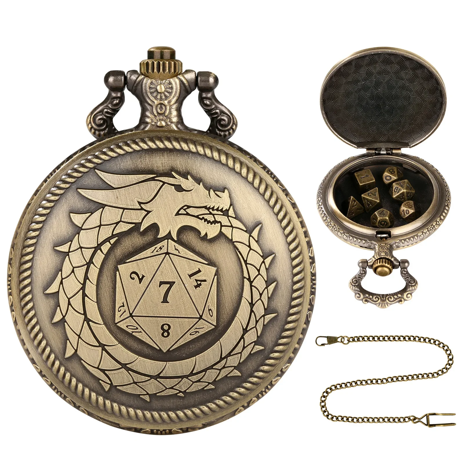 Dragon Pocket Watch Case with 7pcs Metal Polyhedral Dice jewelry case retro flip Dianosar pocket watch case waist chain DND Dice