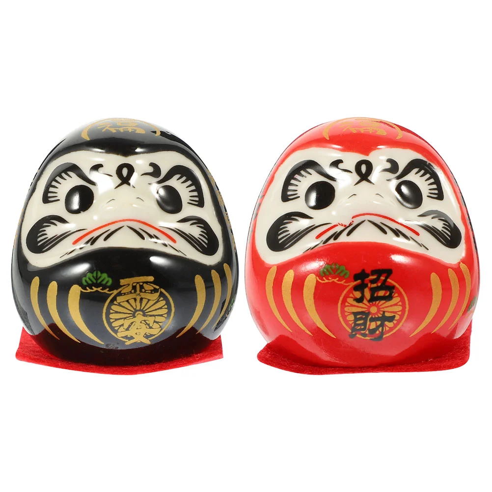 2 Pcs Wooden Dharma Eggs Japanese Daruma Statues Ornaments Ceramics Wealth Figurines Tumbler