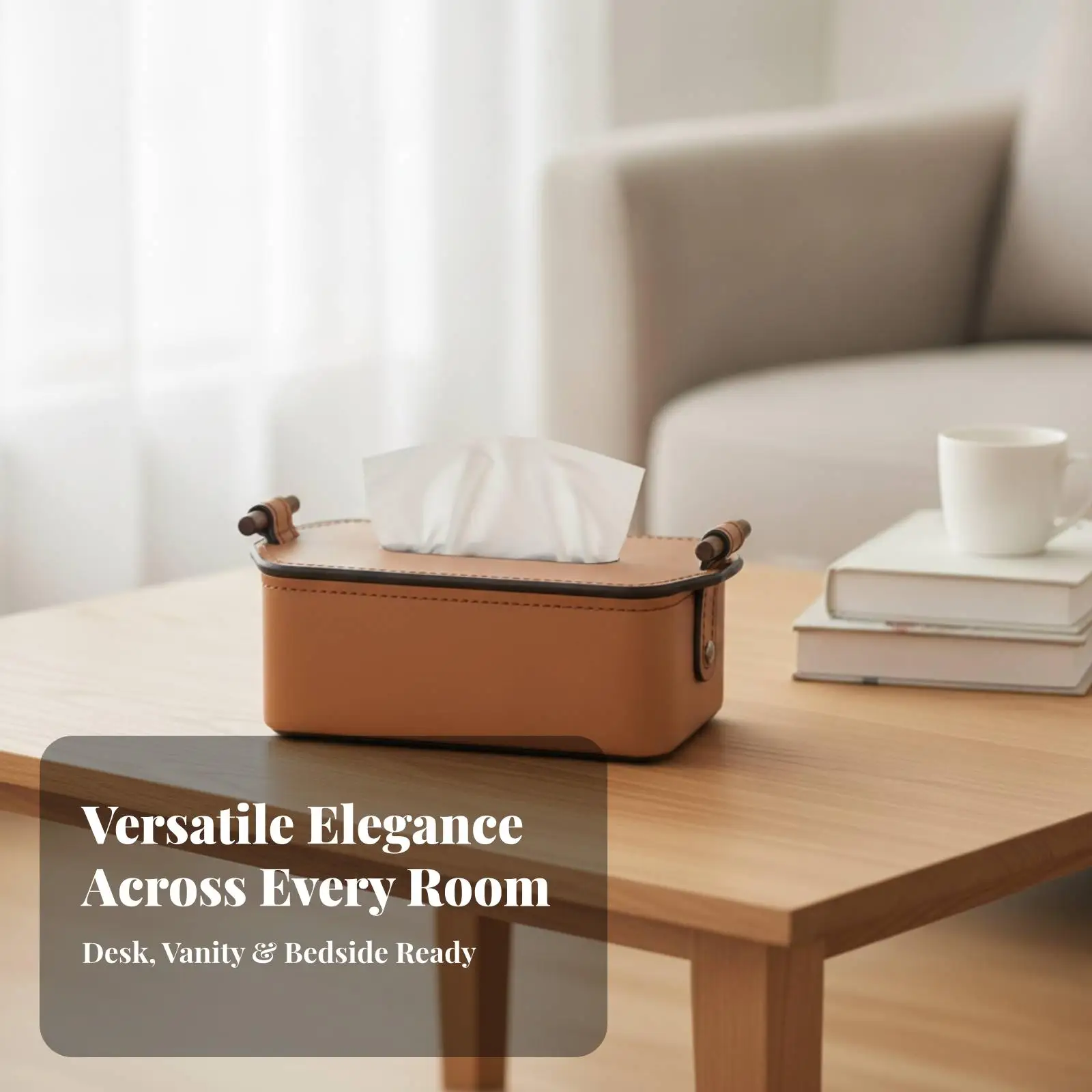 Premium Sheep Leather Tissue Holder with Wood Trim for Living Room Bedroom Vanity Desk