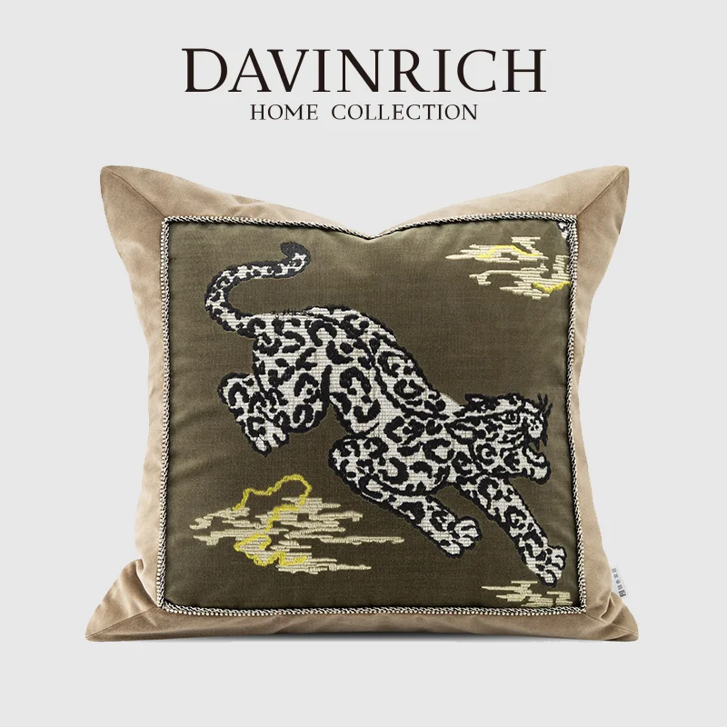 

DAVINRICH Contemporary Modern Green Embroidery Tiger Decorative Pillow Case Luxury Cushion Cover Unleash The Grace And Strength