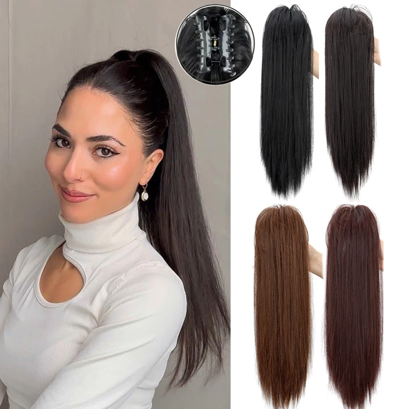 

Synthetic Claw Clip On Ponytail Extensions Fluffy Medium Length straight hair Ponytail Hair Bun Hair Pieces For Women