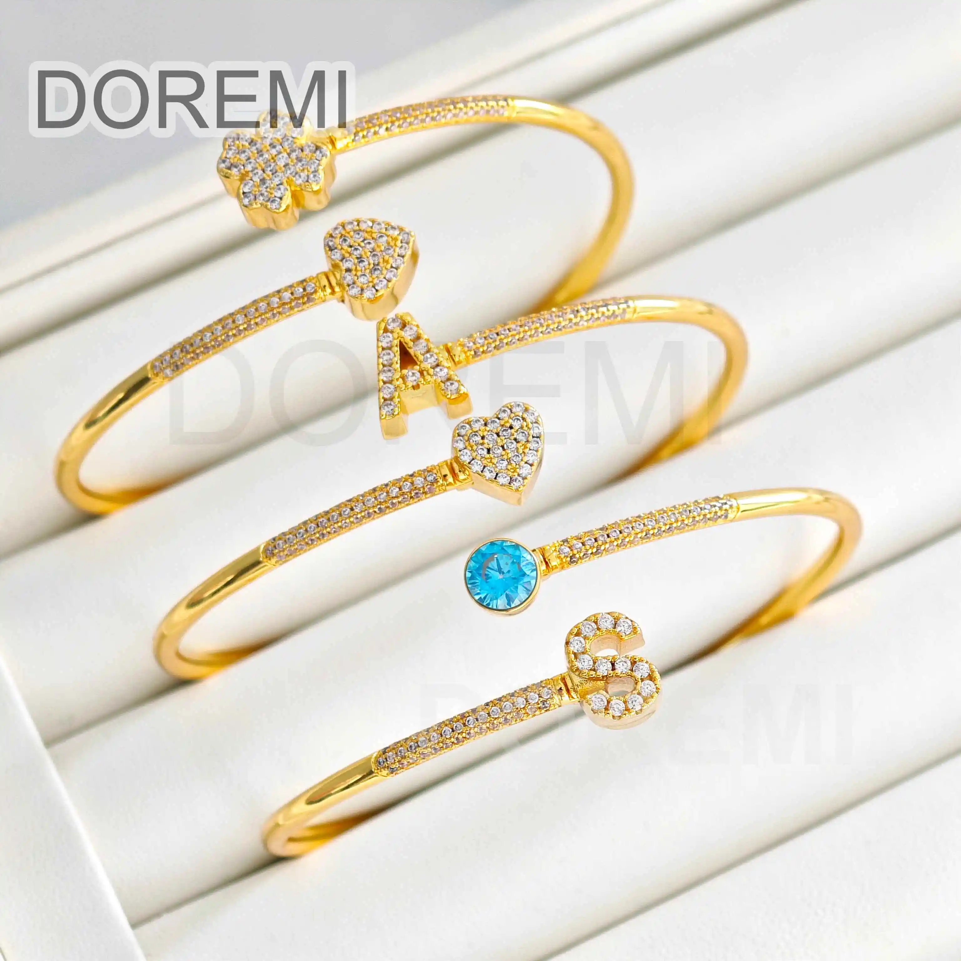 DOREMI Ready To Ship Stagger Bangle Initial Letter Bracelet Gift Jewelry Full Crystal Birthstone Charms Heart Sprial Bangles