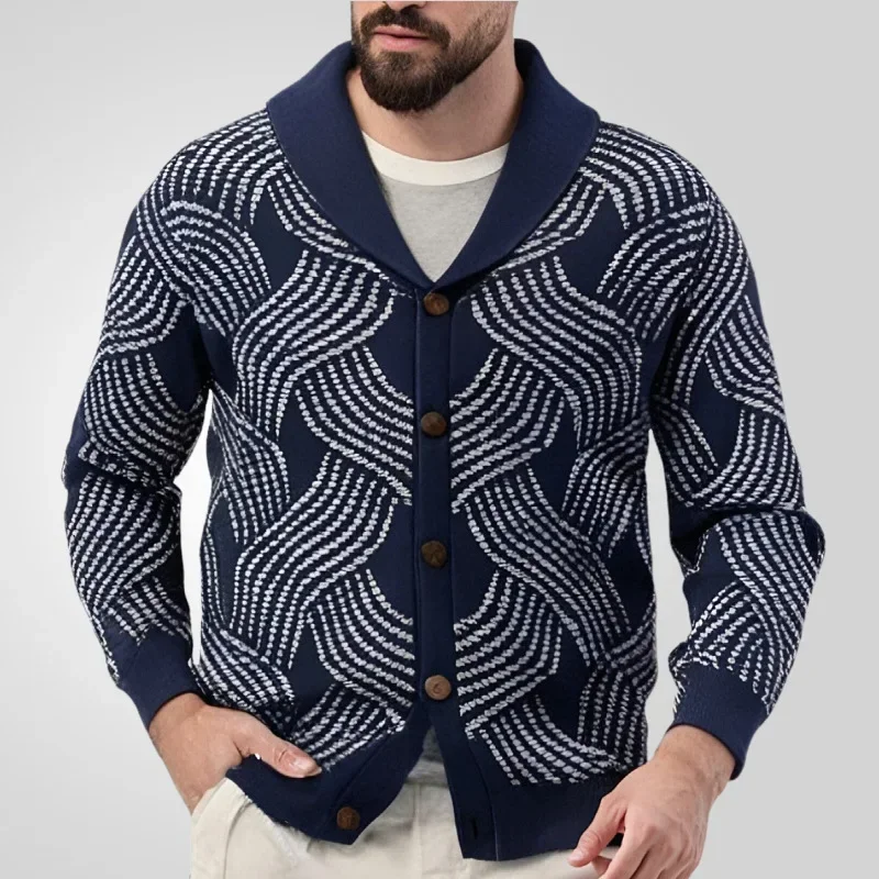 

Men Cardigan Open Stitch Sweaters Coat Turn Down Collar Full Sleeve Single Breasted Knitted Striped Knit Coats Autumn Winter