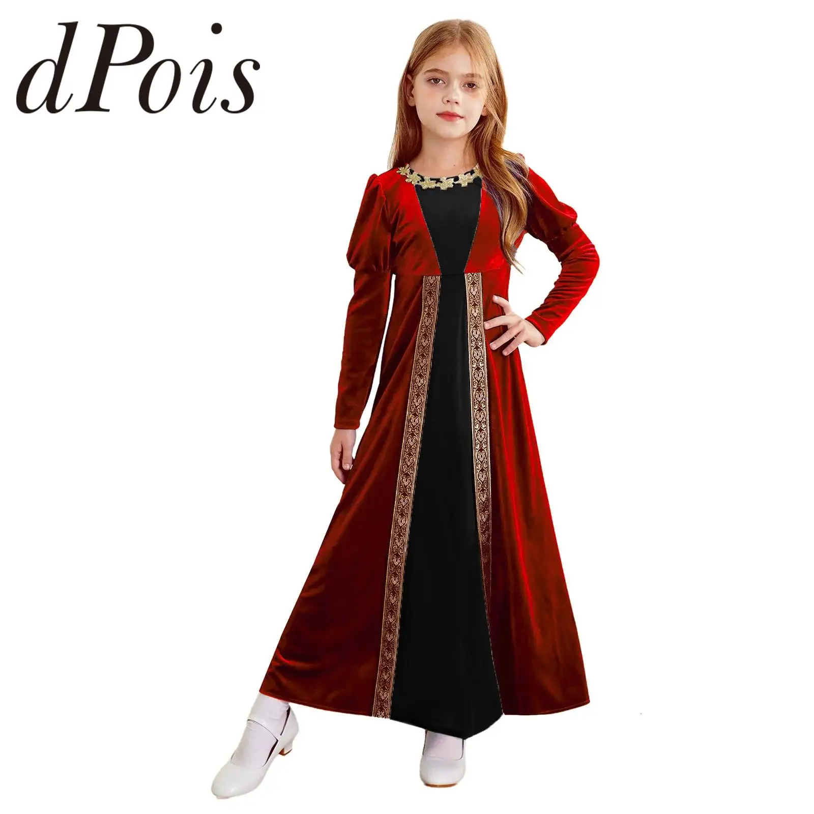 Kids Girls Medieval Renaissance Costume Long Sleeve Velvet Dress Children Retro Role Play Ancient Roman Dress Christmas Costumes