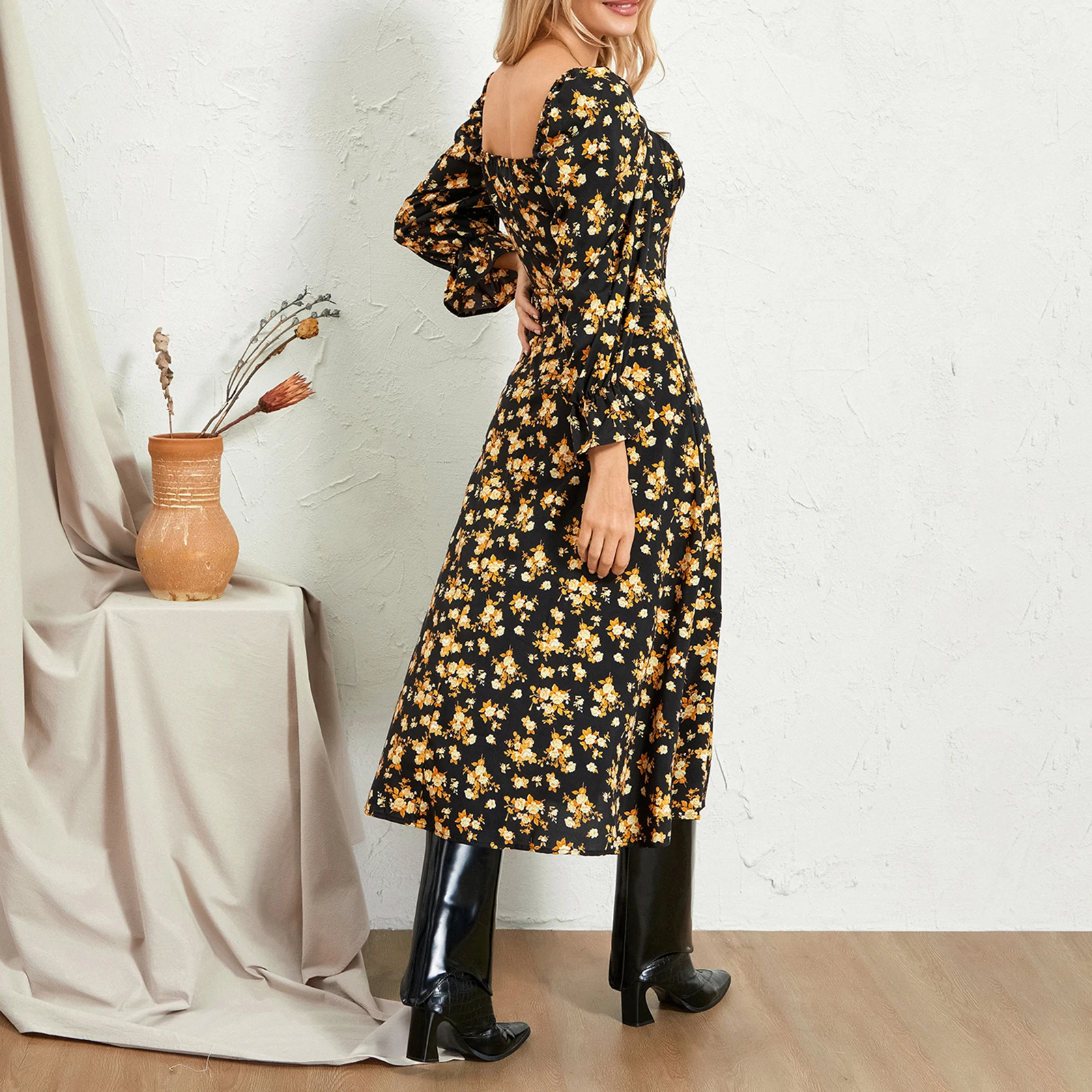 Vintage Floral Print Long Dress Women Long Sleeve Square Neck Tie-up Slit Dress Chic Fall Swing Dress