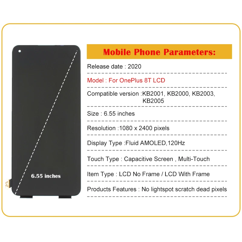 6.55\'\' Original AMOLED For OnePlus 8T 1+8T LCD Display Touch Screen Digitizer Assembly For OnePlus 8T KB2001 KB2000 KB2003 LCD