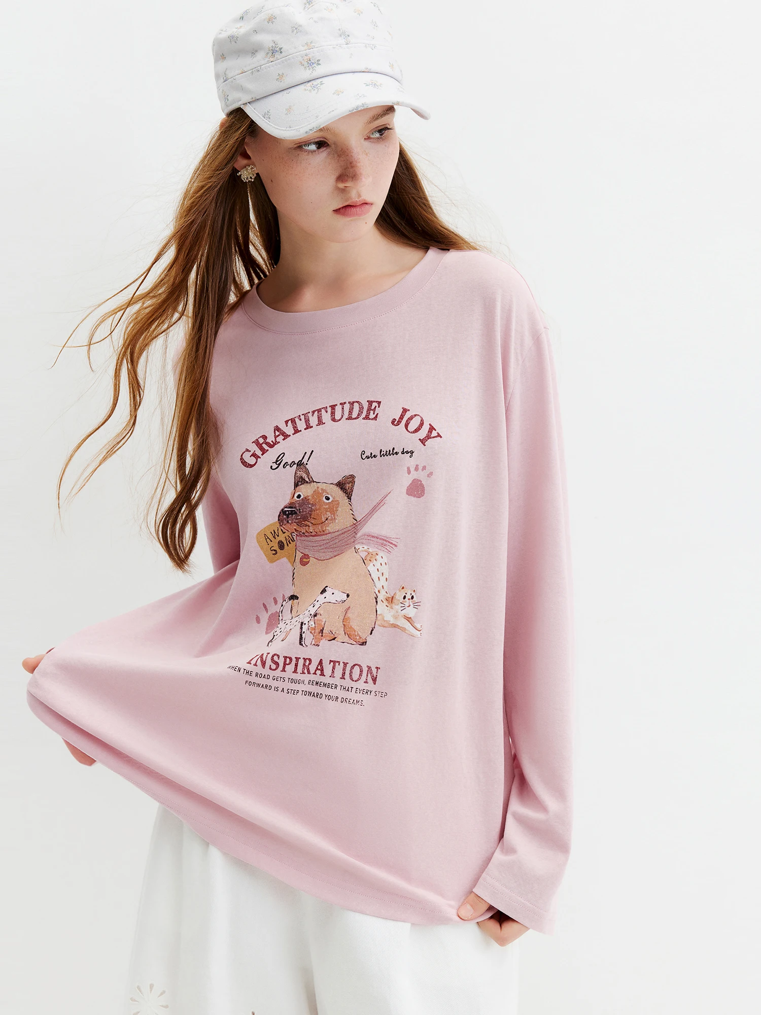 FSLE Loose-fitting Long-sleeved Pink T-shirt Cute Pattern Design 2026 Autumn New Style Lightweight Sun-protective Cover-up BF