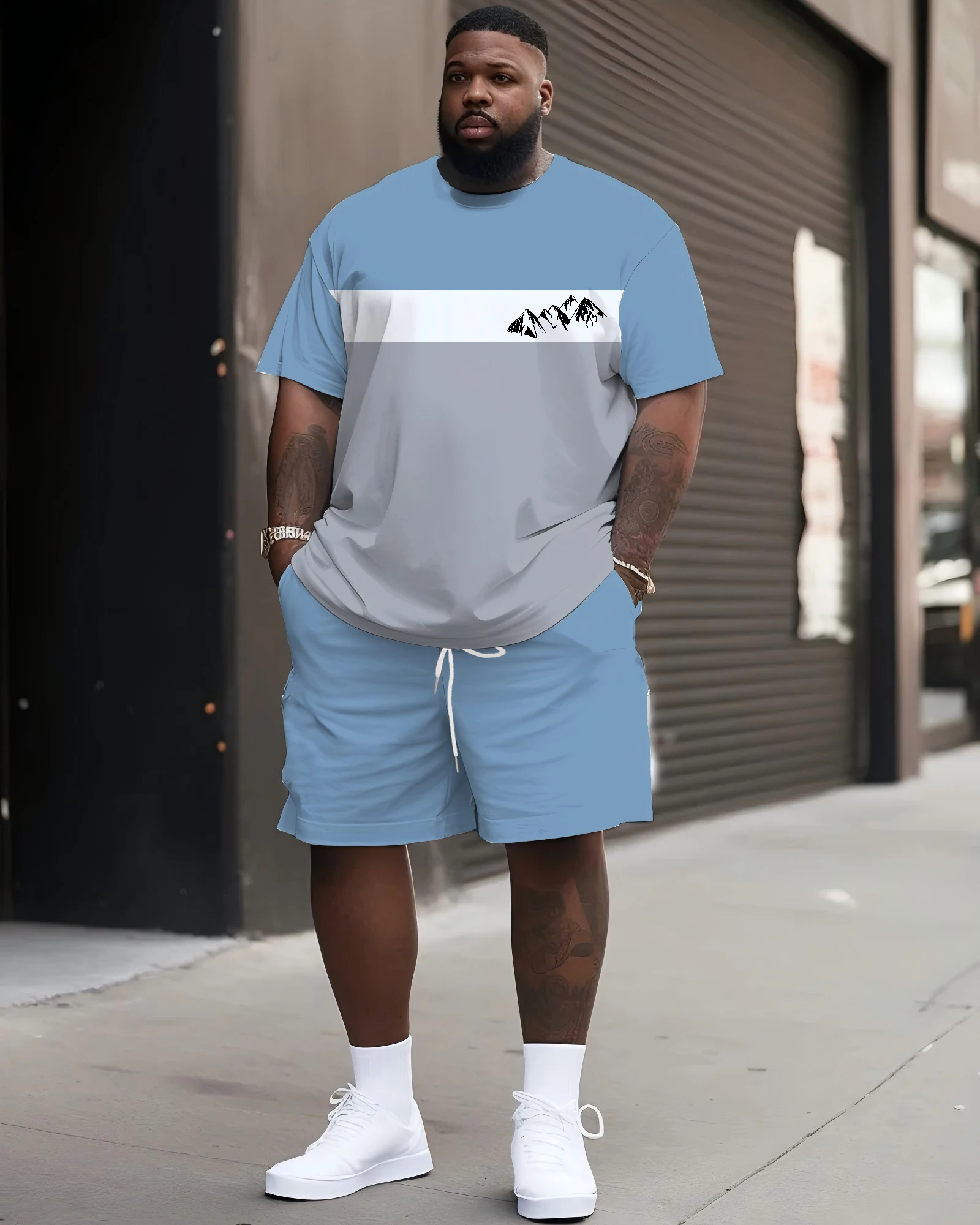 

2025 Best-Selling Plus-Size Urban Pastel Color-Block Check with Mountain Graphic Men's T-Shirt & Shorts 2pc Set