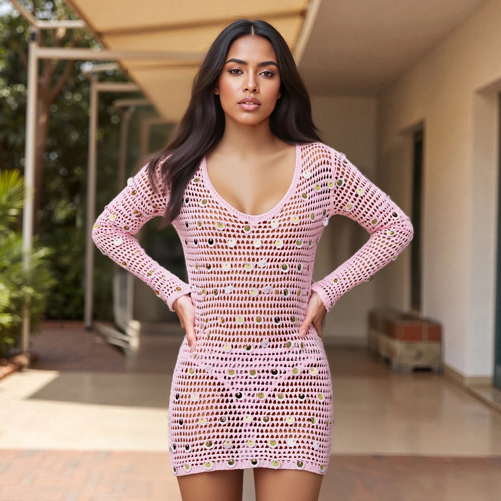 ชุดเดรสค็อกเทลประดับเลื่อมสำหรับฤดูร้อนของผู้หญิง แขนยาว คอวี ผ้าถักเว้าช่วงเหนือเข่า