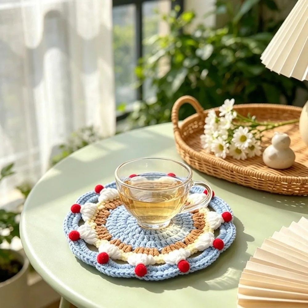 Cute Knitted Cream Cake Crochet Coaster Handmade Non Slip Insulation Mat Heat Resistant Placemat Office