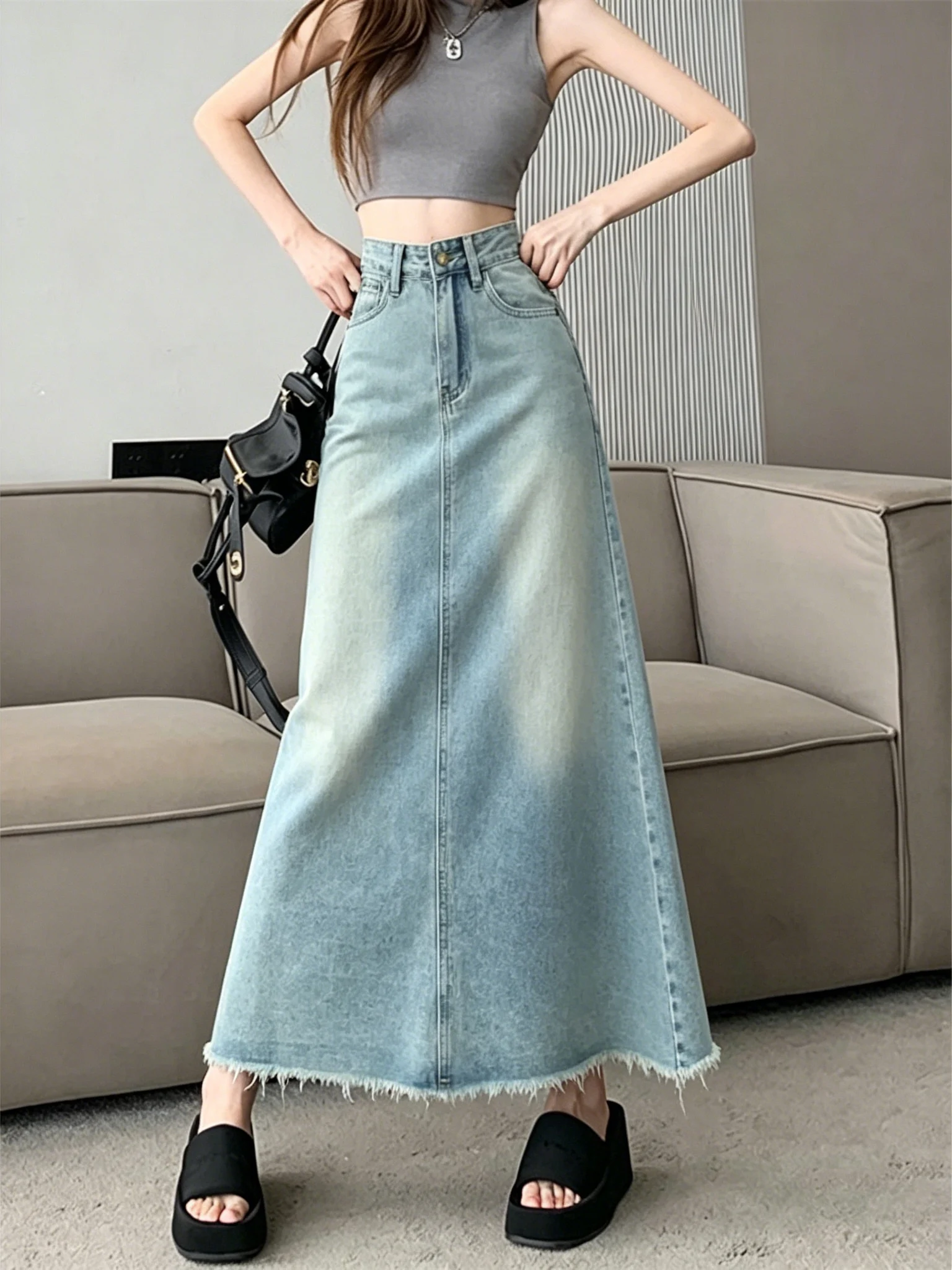 High Waist A-Line  Dress Vintage Frayed Hem Denim Skirt Women Summer 2026 New Style Versatile Slimming Skirts