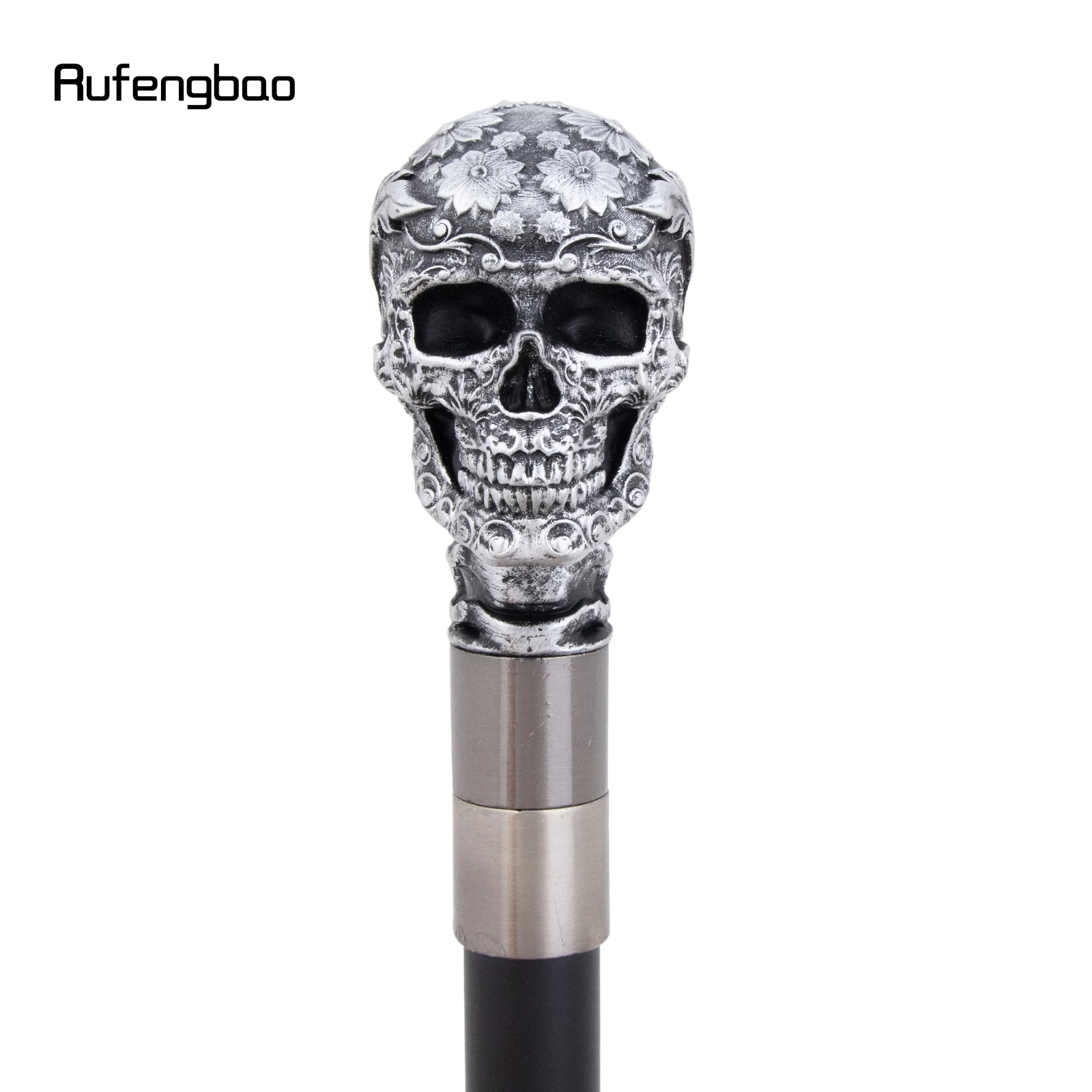 Silver Resin Rose Flower Skull Head Cane Decorative Cospaly Cane Halloween Mace Wand Crosier Performance Stage Cane 94cm
