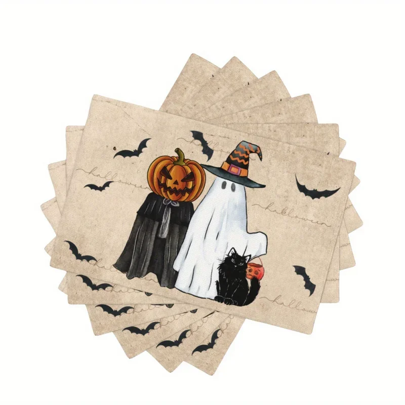 

1PC Linen Halloween Ghost Pumpkin Cat Boo Halloween Placemats Seasonal Fall Table Mats for Party Kitchen Dining Decoration