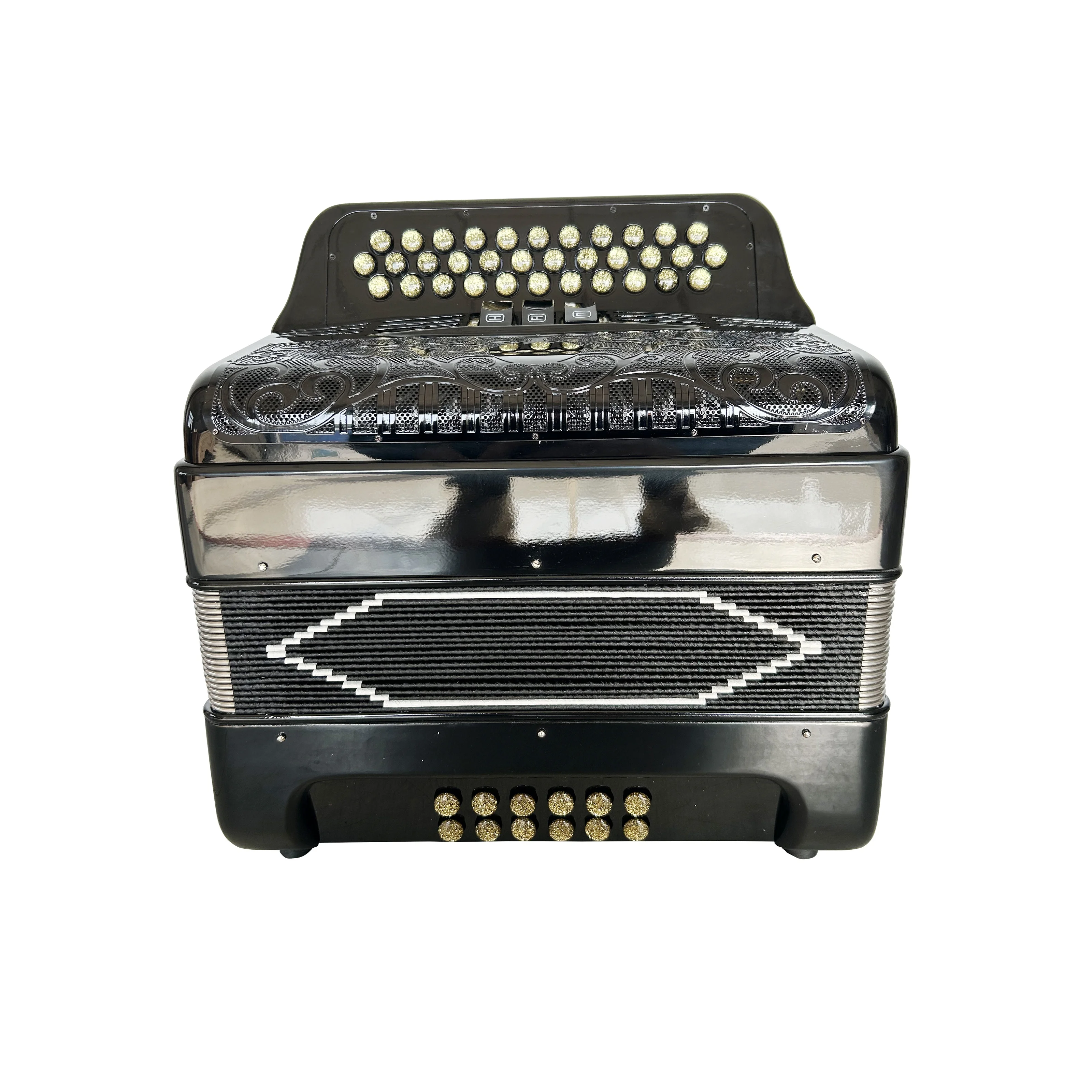 Professional 34-Button 12-Bass 3-Registers Bright Black Accordion Gold Buttons Black Grill JB3412C Acordeon Instrument