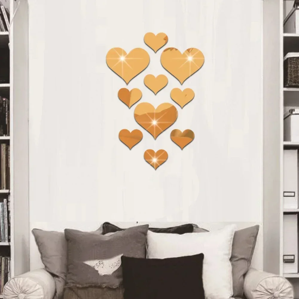 10Pcs Durable Love Heart Stickers DIY Decorative Wall Sticker Mirror Mural 3D Decal Simple Removable Paster Home Decoration