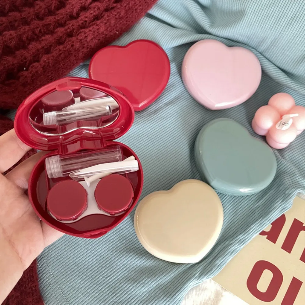 New Heart Contact Lenses Box Mini Portable Storage Care Holder With Mirror Tweezer Storage Soaking Box Contact Lens