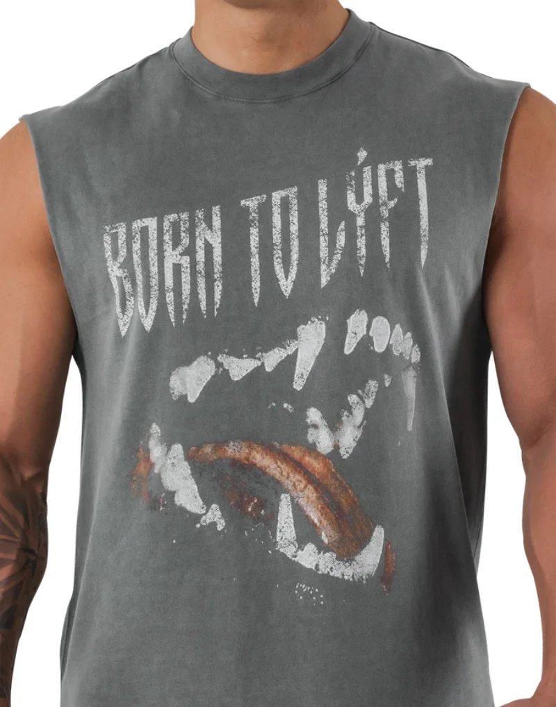 LYFT Summer Men's Washed Cotton Tank Tops Muscle Gym Sleeveless Workout T Shirts Running Beach Loose Fitness Vest Cutoff Tees