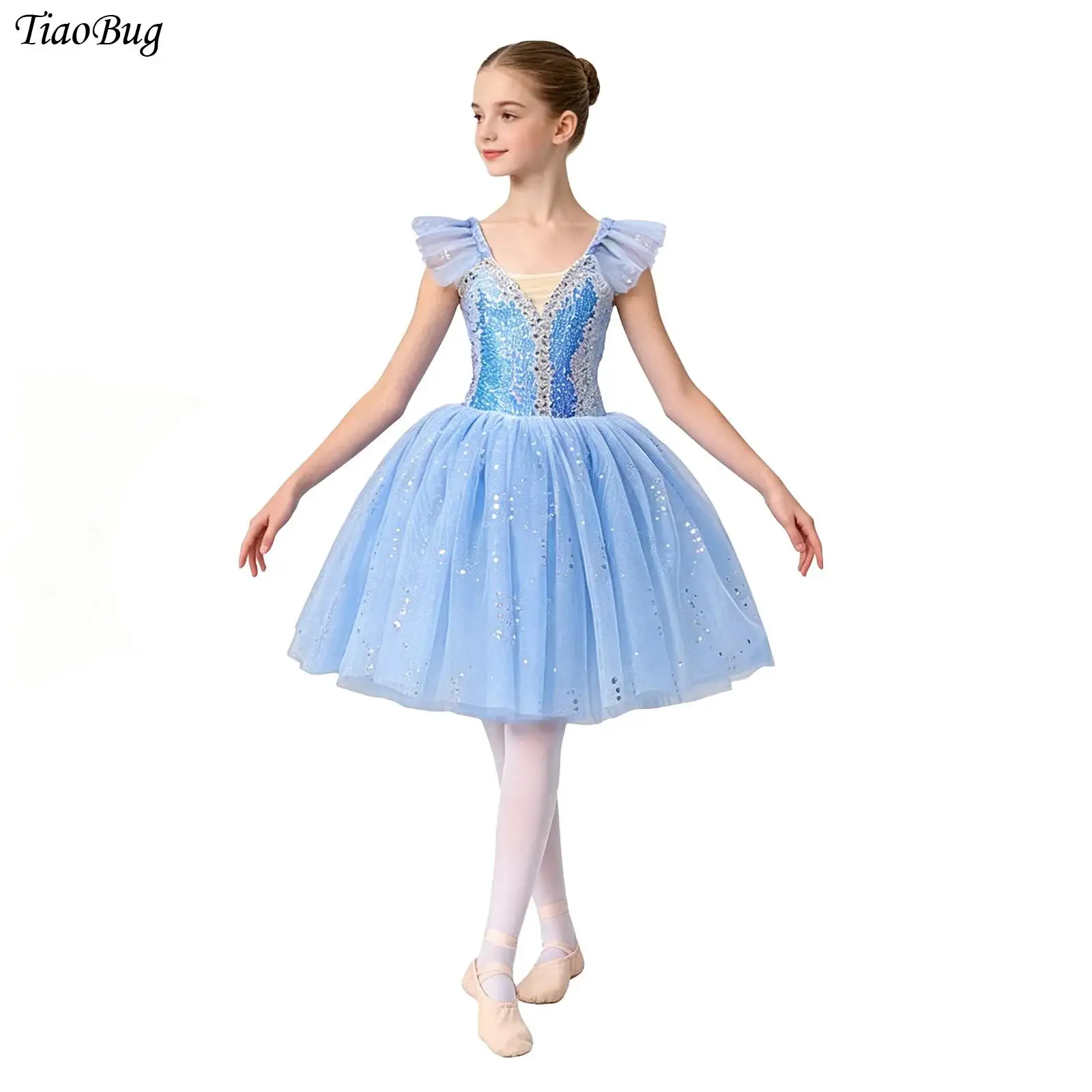 

Kisds Girls Ruffle Sleeve Puffy Ballet Dress Sequin Decor Bodice Layered Tulle For Ballerina Stage Performance Dance Show Wear