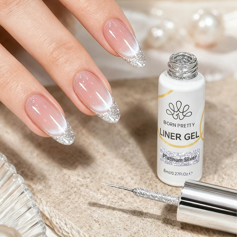 BORN PRETTY 8ml Platinum Silver Liner Gel Nail Polish Smooth Flexible Brush Glitter Color UV LED Painting Gel DIY Nail Drawing